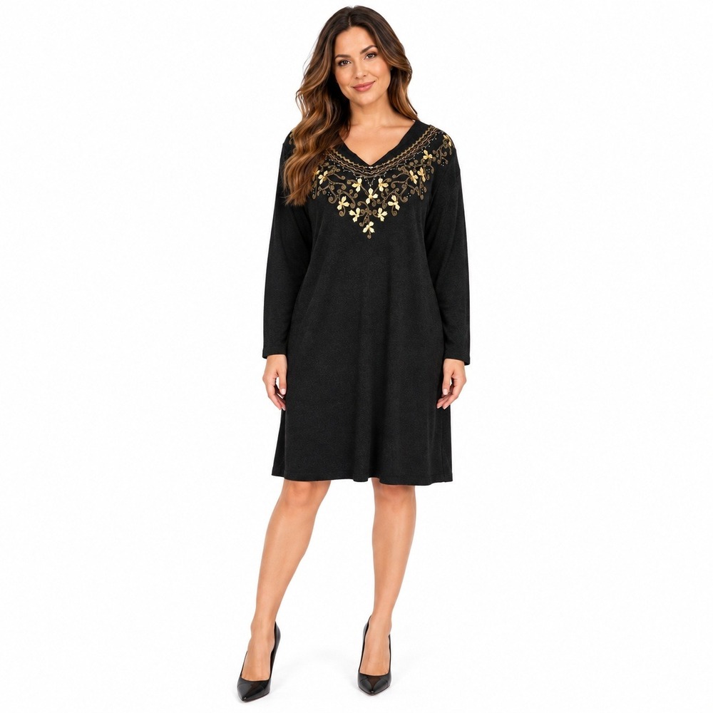 VTG Carole Little Sweater Dress L Black Gold Embroidered Sequin Wool Blend Boho
